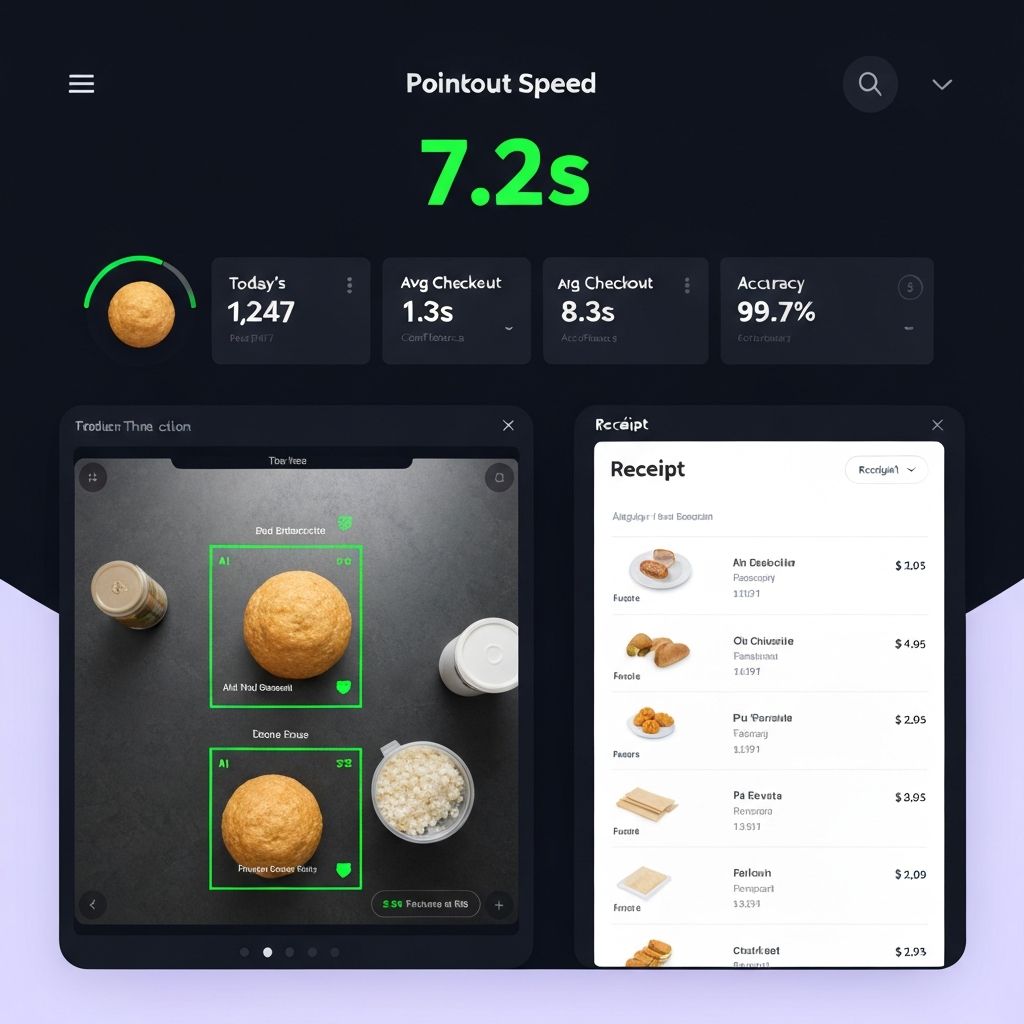 Smart checkout POS dashboard showing real-time item detection, receipt building, and analytics